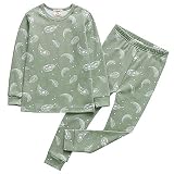 Owlivia Jungen Schlafanzug Langarm Baumwolle Kinder Nachtwäsche Schlafanzug Set für Mädchen und Jungen（4T, Feder Grün）