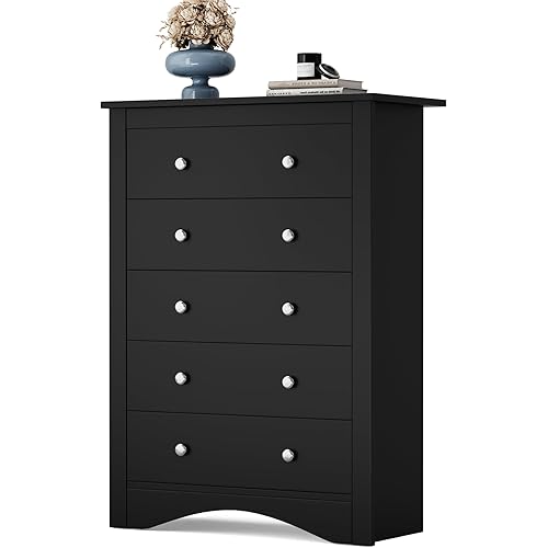 YESHOMY Tall Dresser for Bedroom with 5 Drawers, Modern Chest of Drawers, Wooden Dressers, TV Stand for Living Room,Closet, Hallway (Black)