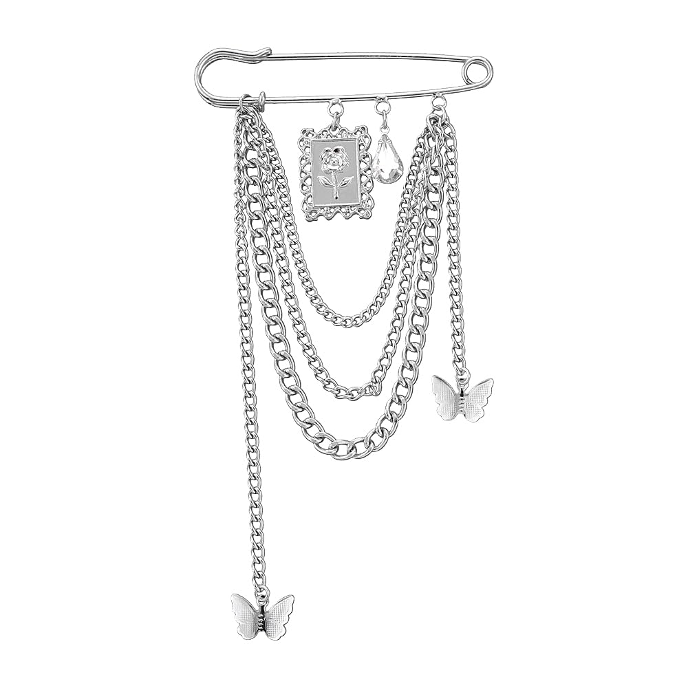 Safety Pin Brooch with Hanging Chains Charms Decorative Punk Goth Collar Brooches Pin for Sweater Dress Skirt Tie Pins Emo Pins