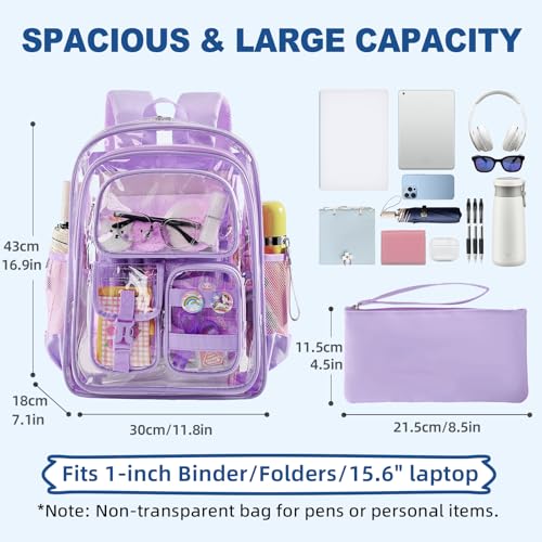Image of Clear Backpack with Pencil Case, Heavy Duty PVC Transparent Backpack with Oxford Cloth Bottom & Reflective Strips for Primary College Work Stadium Concert Festival