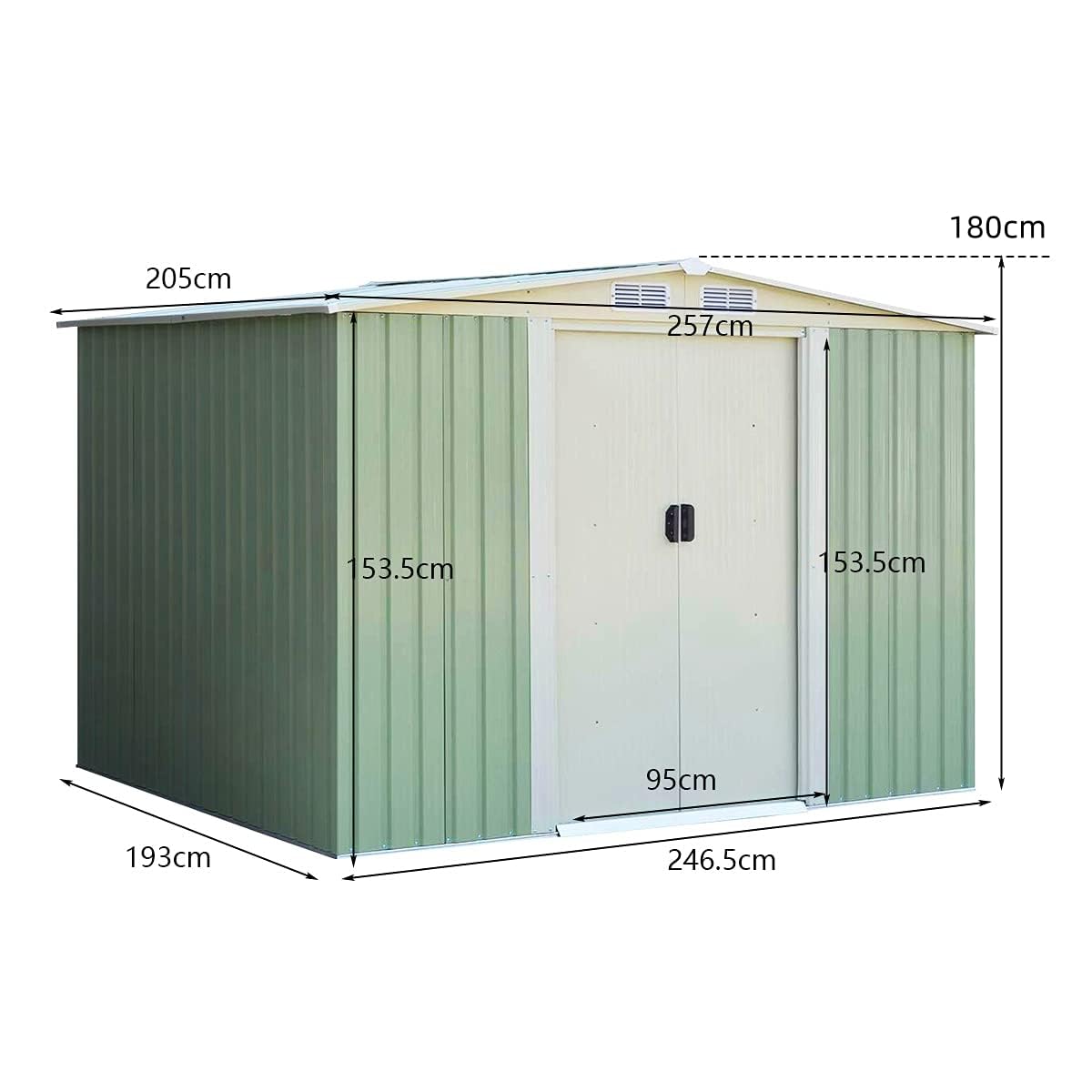 GYMAX Casetta da Giardino 4,75㎡ in Acciaio Zincat, Capanno Porta Attrezzi con 4 Feritoie, Doppie Porte Scorrevole e Rampa (4,75㎡/Verde)