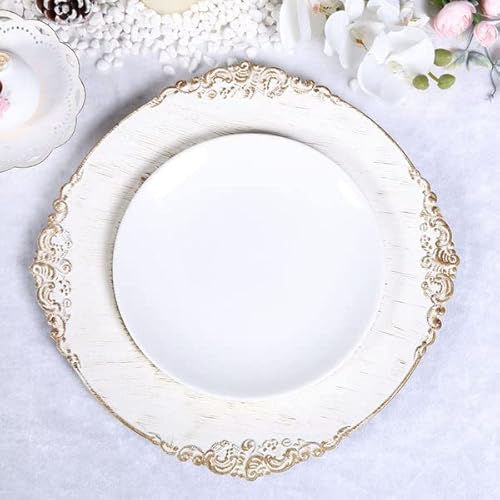 Efavormart 6 Pack White 13" Round Baroque Charger Plates Leaf Embossed Antique Gold Rim For Tabletop Decor Catering Event #TOP6