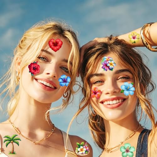 Image of Bilizar 50 Sheets Hibiscus Temporary Tattoos For Aloha Party Favor Supplies Summer Tattoo Sticker, Hawaii Flower Hibiscus Plumeria Fake Tattoos For Women Adults Hawaiian Beach Pool Party Decoration