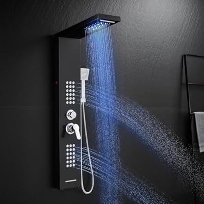 ROVATE LED Shower Panel Tower System Stainless Steel, Rainfall Waterfall Shower Panel with Jets and Handheld, 5 in 1 High Pressure Shower Tower System with Tub Spout, Black