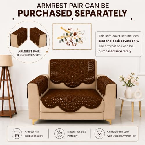 Image of Homerz Premium 'Surya Series' Sofa Cover | Stylish Sofa Protector | Net Fabric | Anti-Stain & Washable Slip Cover Exact Size Antislip (Flower Valley Brown, 1 Seater, Seat Cover with Backrest)