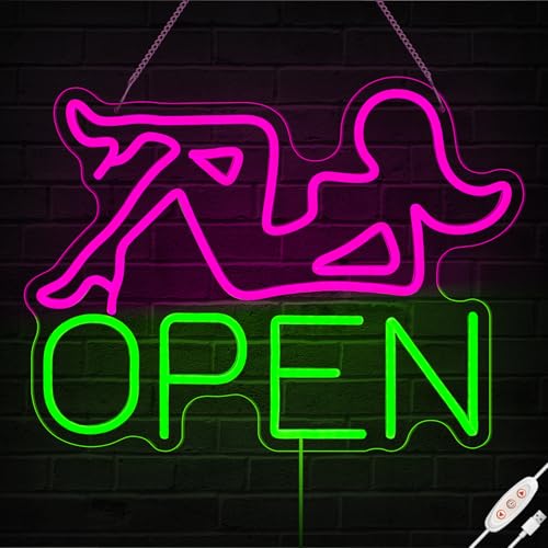 Image of Open Neon Signs, 16.5 inchx12.5 inch Pink Lady LED Bar Neon Lgiht Sign for Wall Decor, Bar, Restaurant Hotel, Shop, Club Decor Party Wall Art, USB Powered with Adjustable Brightness Switch