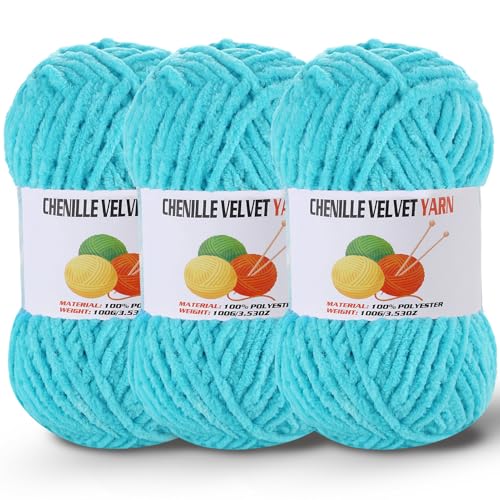 Image of 3 * 100g /3.5oz Fluffy Chenille Yarn for Crocheting, Chunky Velvet Yarn for Crochet Amigurumi, Used for Making Baby Yarns Blanket, Clothes, Pattern Knitting Creations (Lake Blue)