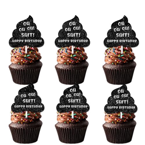 18pcs Black Glitter Poop Dessert Cupcake Topper Pick for Funny Oh Theme Decor Supplies Men Women Happy Birthday Party Decoration