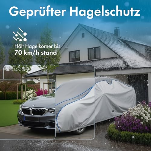WALSER Hagelschutz Abdeckplane Auto, Hagelschutzplane Auto, Wasserabweisende Autoabdeckung, Outdoor Vollgarage, PKW Abdeckung, Fahrzeug Abdeckplane PKW S max. Fahrzeuglänge 350-400 cm Silber/grau
