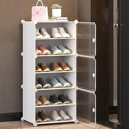 Image of AYSIS 6 Shelf DIY Shoe Rack Box Organizer ^ Multi-Purpose Plastic Shoe Rack for Home, PP Plastic Home Rack with Door for Entryway, Chappal Slipper Shoe Stand【White, 6-Shelf-3-Door】