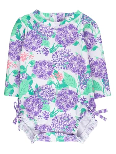 Image of RuffleButts Baby Girls UPF 50+ Sun Protection Floral Printed Long Sleeve One Piece Rash Guard Swimsuit with Zipper