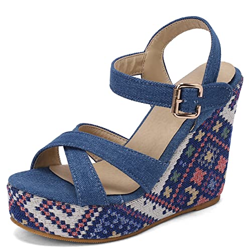 Gicoiz Denim Espadrilles Women Platform Wedge Heel Sandals