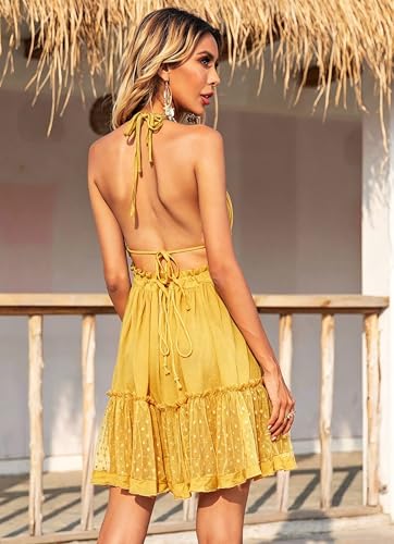 Image of ForeMode Summer Deep V Neck Bohemian Women Mini Short Dress Backless Beach Boho Dress