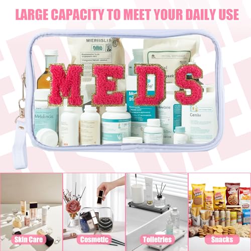 2 Pcs Medicine Chenille Letter Bag Preppy Clear Makeup Meds Bag for Travel Nylon & PVC Transparent Cosmetic Bag Preppy Patch Toiletry Storage for Women Girls White4