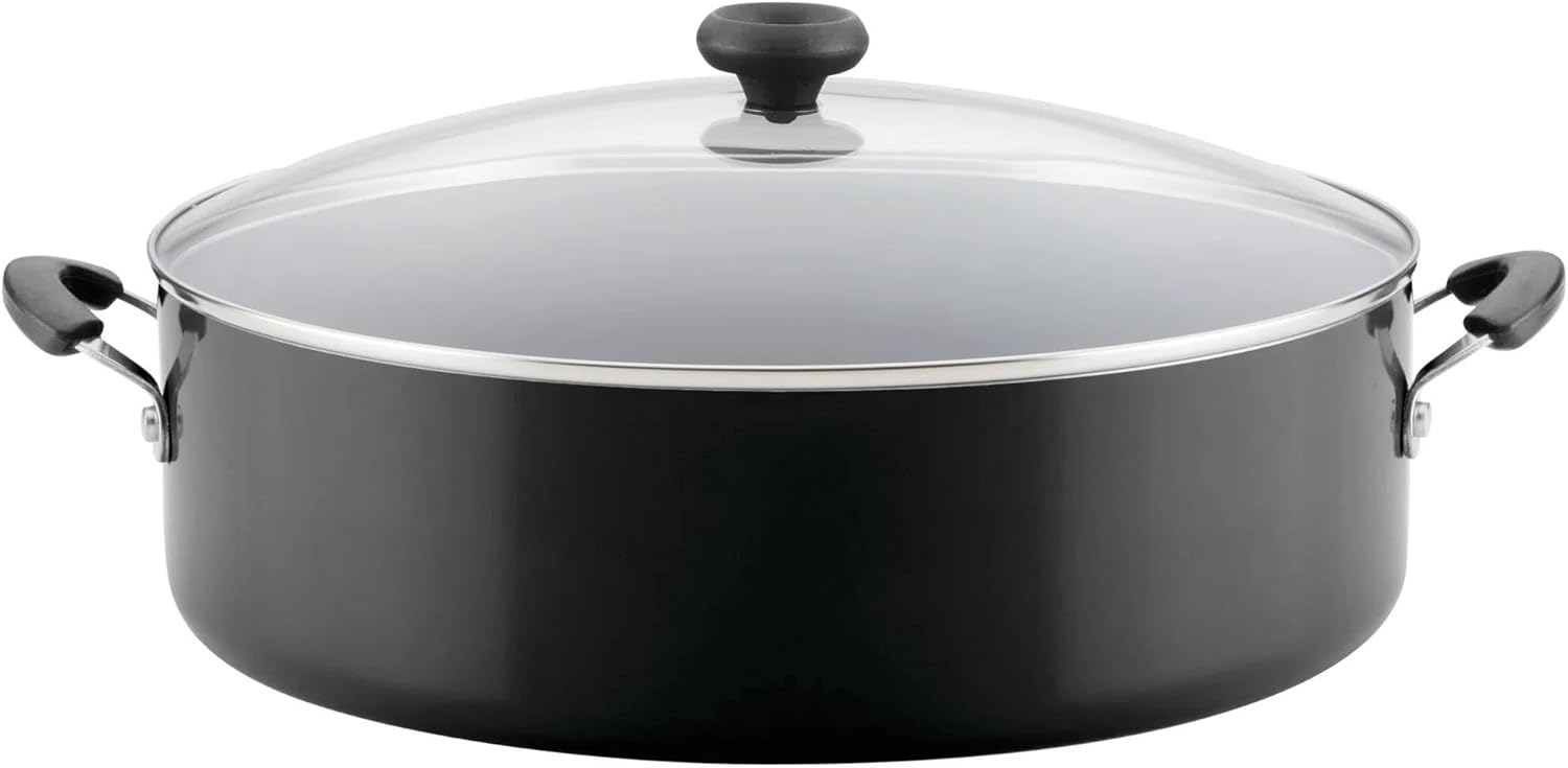 14-Inch Nonstick Aluminum Family Pan with Glass Lid Easy-Clean Jumbo Cooker Dual Handles Even-Heat Cooking Surface Durable Black Finish
