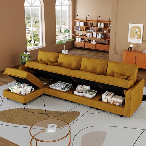 Image of LLappuil 112 inch Modular Sectional Sofa with Storage, L-Shaped 5-Seat Corduroy Couch with 4 Throw Pillows, Pet-Friendly Convertible Sofa for Small Living Room & Apartment, Skin-Friendly, Yellow