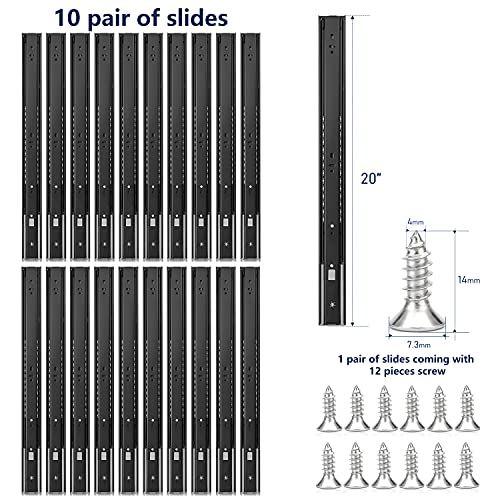 Image of Ravinte 20 Inch Soft Close Drawer Slides 10 Pairs 20 Pack Black Full Extension Ball Bearing Drawer Glide Side Mount