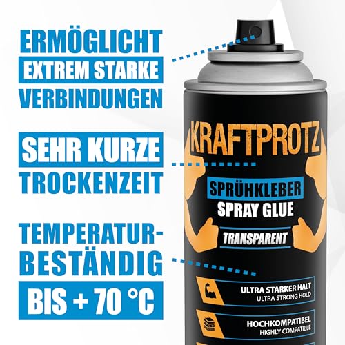 Sprühkleber extra stark 500 ml – für Schaumstoff, Filz, Leder, Holz, Gummi & Akustikpaneele – ideal für Dachhimmel, Möbel, Modellbau, DIY & KFZ-Ausbau – transparent & hitzebeständig – KRAFTPROTZ