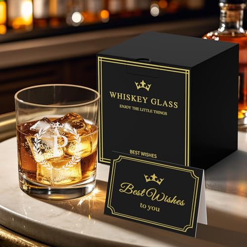 Image of Personalized Whiskey Glasses Gifts for Men, Monogrammed Engraved A-Z 10.6 oz Rocks Glass Customized Gift, Unique Christmas Birthday Gifts for Men Him Dad Husband Brother Son (P)