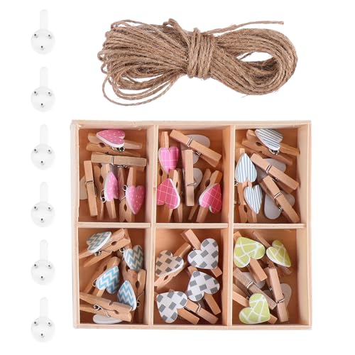 FOMIYES 30 Pinzas de Madera para Fotos Forma de Corazón, Incluye Cuerda de Cáñamo de 10 Metros y Clavos Colgar Cuadros y Decoración