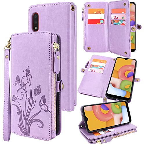 Lacass [Cards Theft Scan Protection] 10 Card Slots Holder Zipper Pocket Wallet Case Flip Leather Cover with Wrist Strap Magnetic Closure Stand Carrying Pouch for Samsung Galaxy A01(Floral Purple)