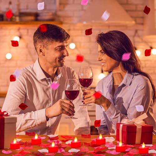 Image of Coume 6000 Pieces Artificial Rose Petal 72 Pieces LED Tealights Candle, Romantic Decorations Special Night Rose Petal Heart Candle for Valentines Wedding Anniversary Proposal Decor(Cute Red Light)