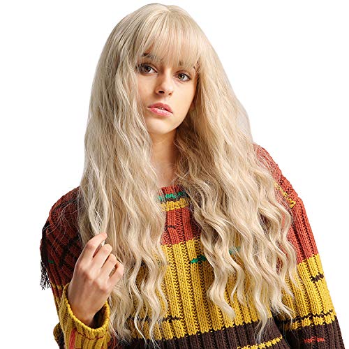 Peluca Mujer Sintético Pelo Natural largo con flequillo pelo,suave de moda y resistente al calor,Uso Diario Disfraz Cosplay Fiesta Halloween,Rubia
