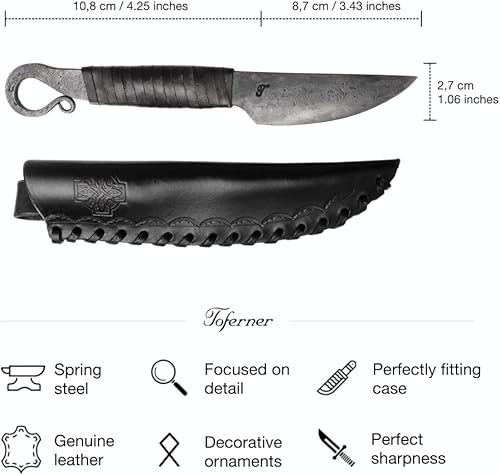Miniatura 3 de TOFERNER Cuchillo forjado a mano - Volute - negro - Deportes - Hoja endurecida - Estuche de cuero genuino hecho a mano-Vintage- Colección de arte -