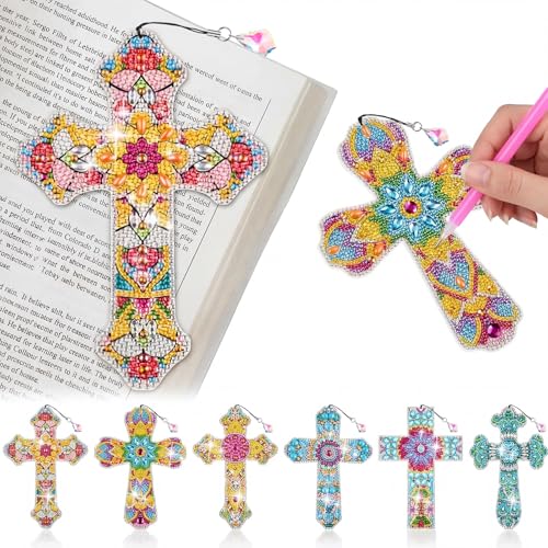 Ireer 6 Pcs Cross 5d Diamond Art Bookmarks for Adult DIY Painting Kit Christmas Religious Christians Gifts Crystal Cross Diamond Keychain for Reading Lover Home Office DIY Crafts 6 Styles