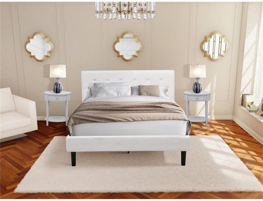 East West Furniture NL19Q-2HI14 3 Piece Bed Set - Button Tufted Platform Bed - Linen white Velvet Fabric Upholstered Headboard and an Urban Gray Finish Nightstand