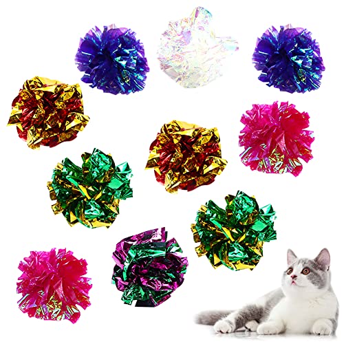 Original Mylar Crinkle Balls Cat Toys 10pcs Cat Ball Toys Crinkle Balls with Sound Sparkle Ball Shiny Pom Poms Interactive Ball Kitten Funny Chasing Toys