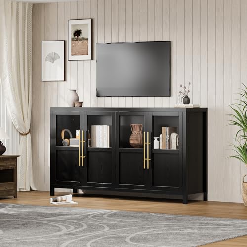 GarveeHome Sideboard Buffet Cabinet with 4 Glass Doors, 55" Buffet Table Coffee Bar Wine Bar Display Cabinet for Kitchen Dining Room, Living Room (Dark, Glass with 4 Doors)