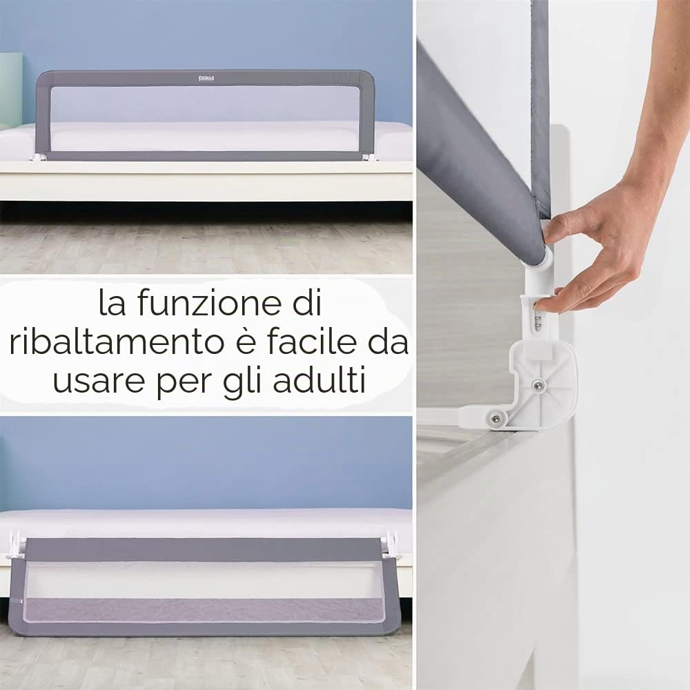 Fillikid sponda letto bambini e neonati più alta 150 x 50 cm - barriera lettino bambino pieghevole per letti standard e boxspring - grigio bianco