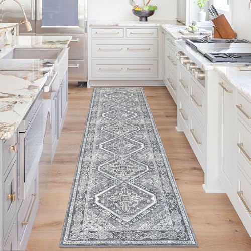 KUTA Oriental Medallion Kitchen Runner Rug, 2x8 Vintage Grey Washable Hallway Runners Non-Slip Ultra Soft Printed Distressed Tribal Floor Carpet Rugs for Bedroom Living Room Nursery