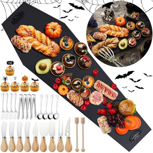 Liliful 76 Pcs Halloween Coffin Charcuterie Board Accessories Set 34 x 11 Inch Extra Large Charcuterie Board with Cheese Knife Set Halloween Party Platter Gothic Serving Platter