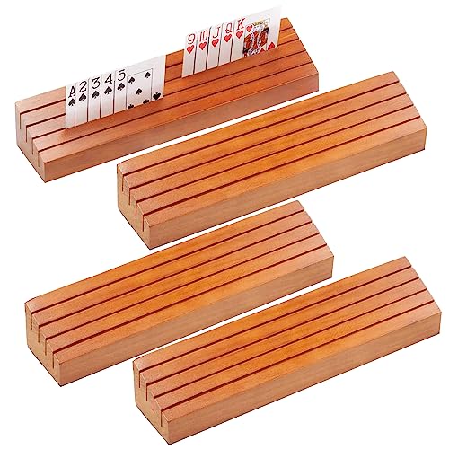 GSE Games & Sports Expert Wooden Playing Card Holders Tray Racks Organizer Set for Seniors Adults, Card Tray Racks for Bridge Canasta UNO Card Playing (14-Inch, 4-Pack)
