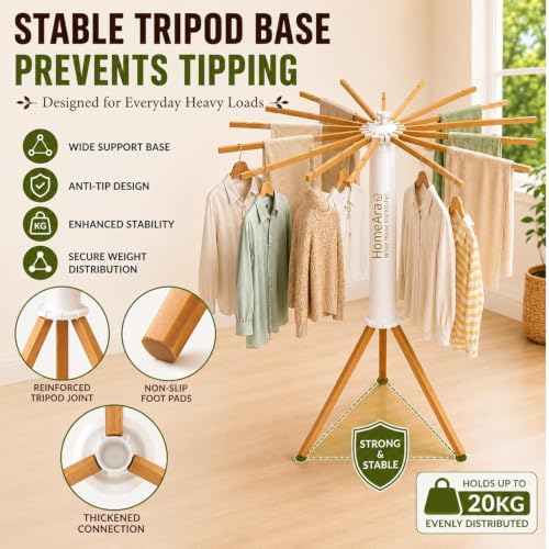 Image of Tripod Clothes Drying Rack Foldable & Rust Resistant Laundry Stand with 16 Solid Beech Wood Rods | Space Saving Indoor & Outdoor Dryer Stand for Clothes, Towels & Garments