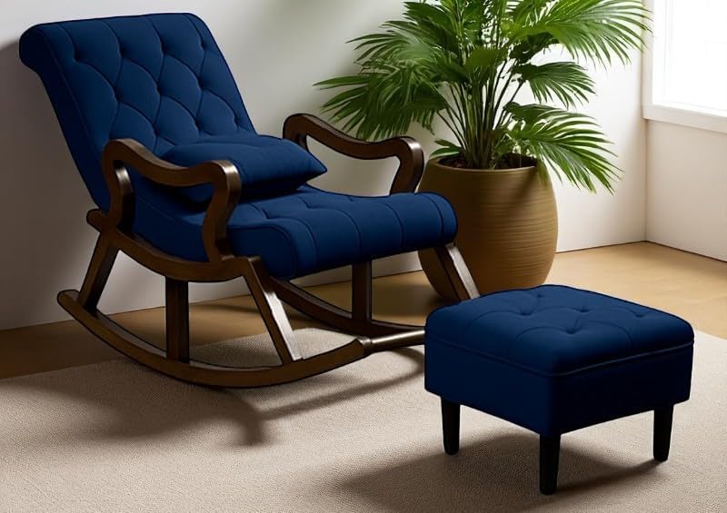 CRAFTCITY Rocking Chair |Sheesham Wood Elegant Rocking Chair with Pillow and Matching Foot Stool and Pre assembeled (Blue)