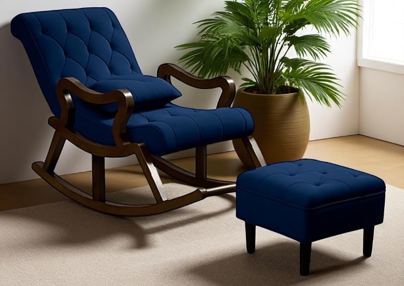 CRAFTCITY Rocking Chair |Sheesham Wood Elegant Rocking Chair with Pillow and Matching Foot Stool and Pre assembeled (Blue)