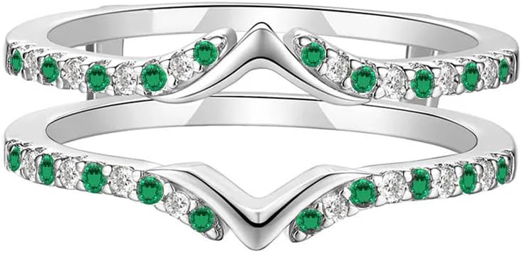 Green Emerald & White Diamond V Shaped Enhancer Guard For Women, 14k Gold Finish May Birthstone Green Emerald Wrap Ring, Anniversary Band