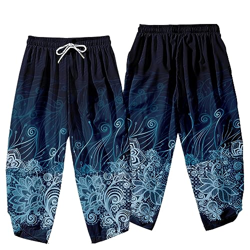 Image of DOSLAVIDA Men's Japanese Kimono Cardigan Suit Chinese Style Printed Jacket Pants Set Open Front Seven Sleeve Top & Shorts