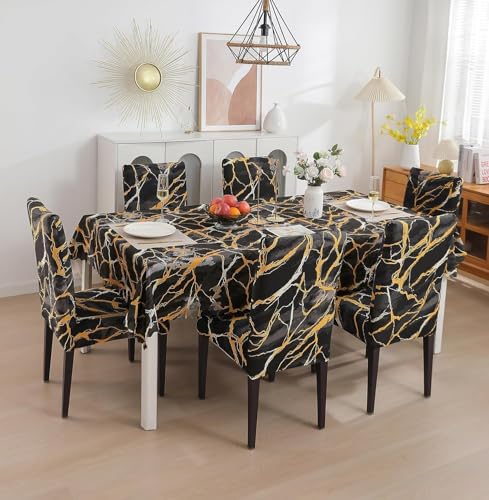 Image of Styleys Dining Chair Cover with Table Covers for Kitchen Waterproof Dining Table Cloth (1 Table Cover + 6 Chair Cover, Dark Sunrise, CTSD3131)