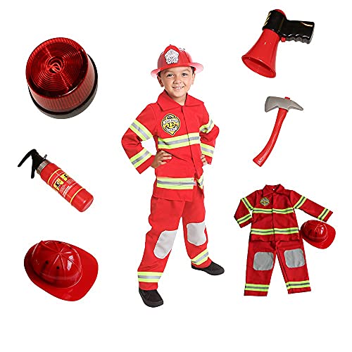 MONIKA FASHION WORLD Fire Fighter Costume Light up Patch on Chest Kids W/Hat Fire Man T S M 3-4 4-6 6-8 (T (3-4))