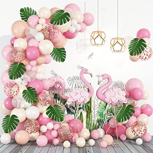 132Pcs Pink Flamingo Balloons Arch Garland Kit, Blush Peach Pink Pastel Orange Confetti Balloons Tropical Palm Leaves For Girls Women Wedding Birthday Baby Shower Party Decorations #TOP23