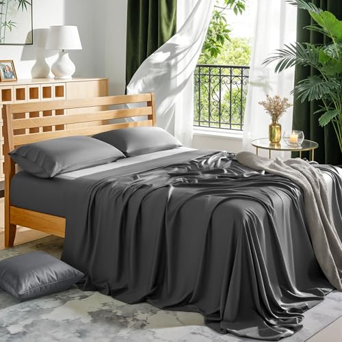 LBRO2M 100% Rayon Derived from Bam_Boo Sheet Set King Size 19" Deep Pocket Cooling Bed Sheets 4 Pcs, Breathable and Silky Soft Bedding Set for Hot Sleepers (King Dark Gray)