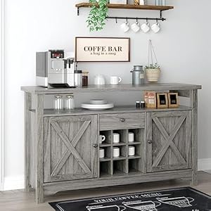 Farmhouse Coffee Bar Cabinet, 47″ Kitchen Buffet Storage Cabinet with 9 Wine Racks, Sideboard Buffet Cabinet with 2 Barn Doors and Drawer, Wine Bar Cabinet for Dining Room, Living Room, Rustic Gray