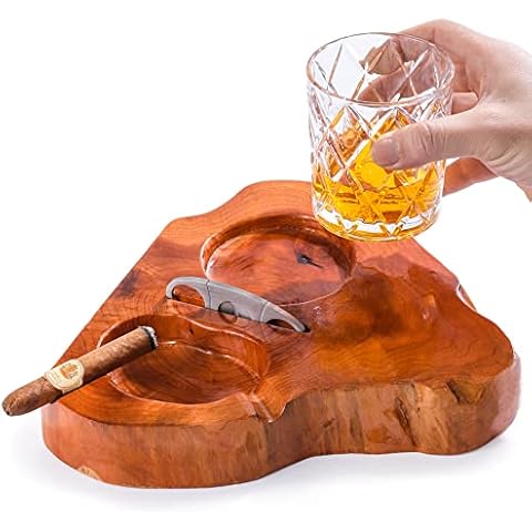 Wooden Cigar Ashtrays for Cigar Lovers with Whiskey Glass Tray and Cigar Cutter Holder Irregular Ashtray with Two Grooves Great Gift for Men Great Decor for Home Office or Bar(Large) Cover