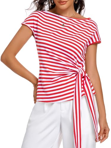 Image of HOTIAN Womens Cap Sleeve T Shirts 2026 Tie Waist Wrap Tops Crew Neck Blouses Dressy Casual Loose Work Business Dressy
