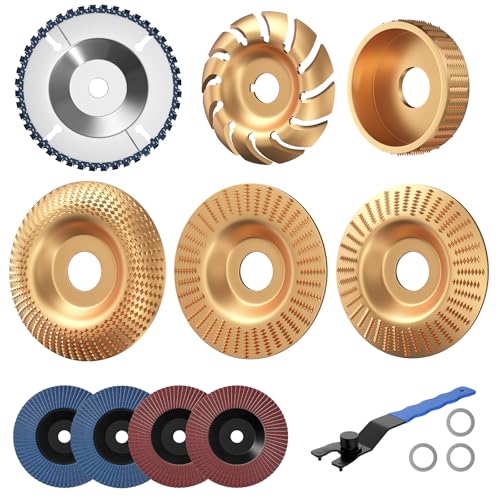 BURMONG 11PCS Holzschnittscheibe Set für Winkelschleifer Holz Schleifscheiben Frässcheibe Klappe Schleifräder Universalschlüssel & Adapteringe zum Schneiden Schnitzen Schleifen & Pol