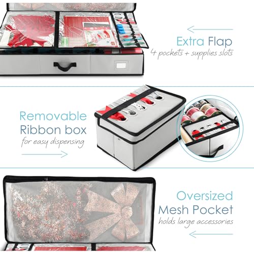 Image of Hearth & Harbor Wrapping Paper Storage Container - Christmas Storage Bag with Ribbon Dispenser and Interior Pockets - Gift Wrap Organizer Fits Up to 26 Rolls of 40 inch Length, Silver